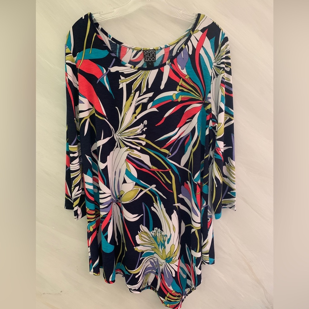 Clara Sun Woo L Navy Blue Floral 3/4 Sleeve Asymmetrical Hem Tunic Blouse